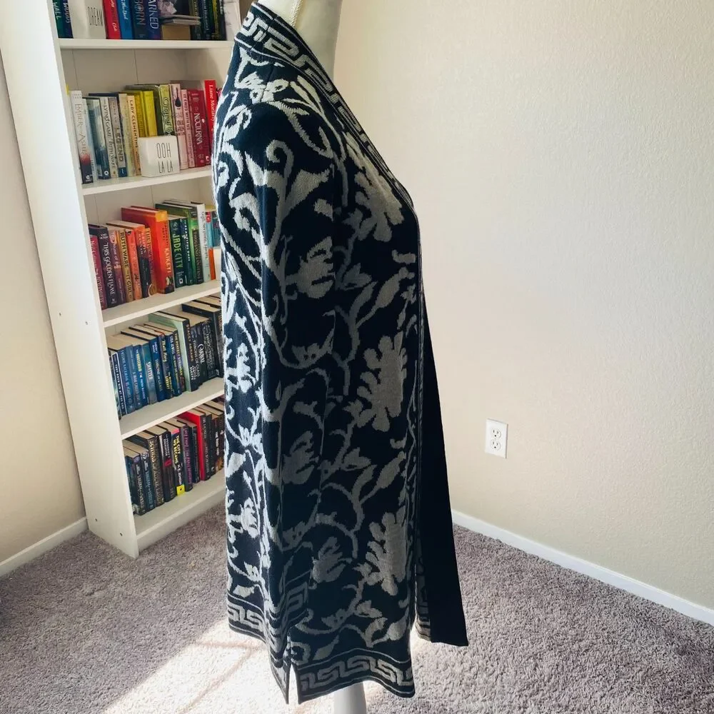 SOFT SURROUNDINGS Bistro Gray Black Floral Greek Key Open Front Cardigan Medium - Picture 3 of 6